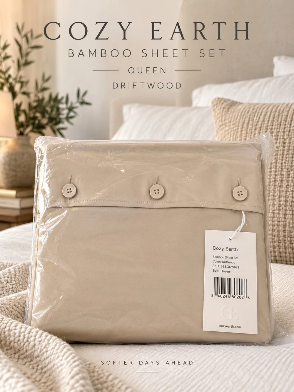 Cozy Earth Bamboo Sheet Set Queen Driftwood Luxury Bedding NWT
